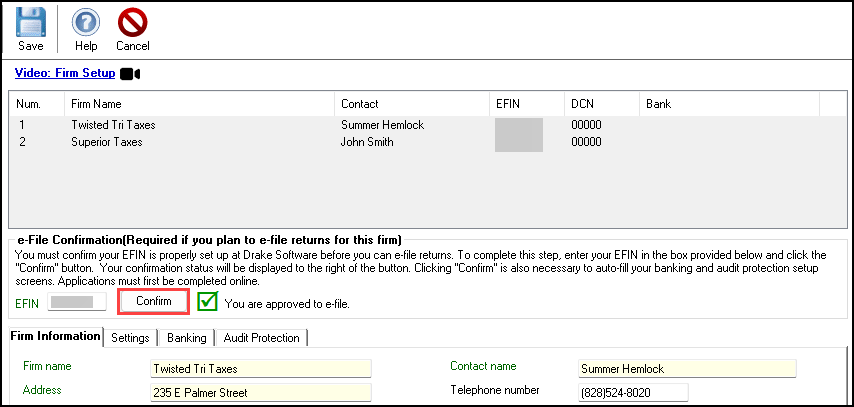 Confirming your EFIN at Setup > Firms